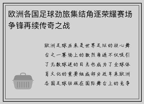 欧洲各国足球劲旅集结角逐荣耀赛场争锋再续传奇之战