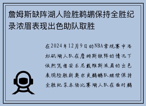 詹姆斯缺阵湖人险胜鹈鹕保持全胜纪录浓眉表现出色助队取胜