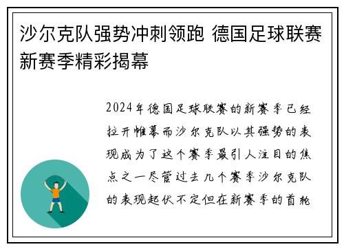 沙尔克队强势冲刺领跑 德国足球联赛新赛季精彩揭幕