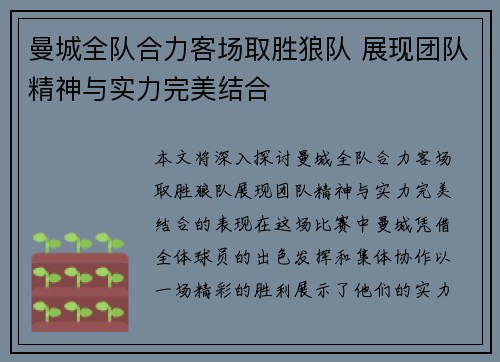 曼城全队合力客场取胜狼队 展现团队精神与实力完美结合