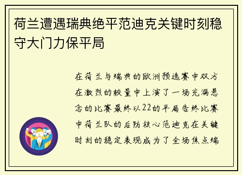 荷兰遭遇瑞典绝平范迪克关键时刻稳守大门力保平局