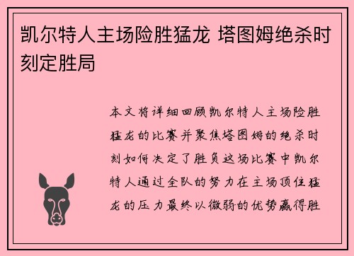 凯尔特人主场险胜猛龙 塔图姆绝杀时刻定胜局