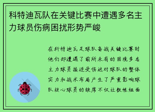 科特迪瓦队在关键比赛中遭遇多名主力球员伤病困扰形势严峻